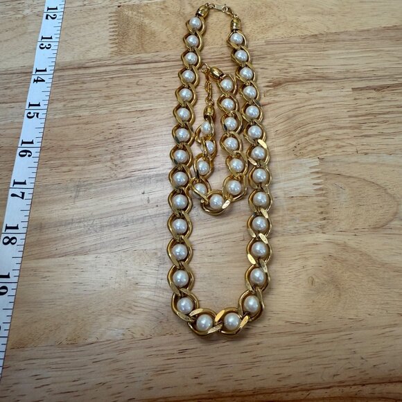 Gold Tone Faux Pearl Necklace & Bracelet Set - Elegant Jewelry Gift 18" Necklace - Picture 3 of 14